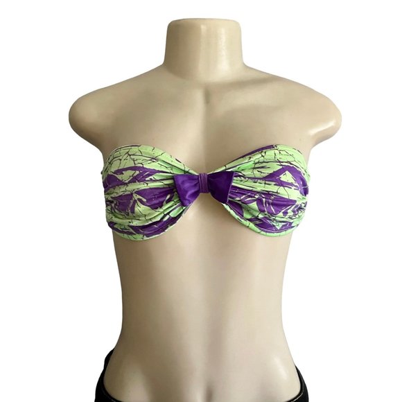 Vintage 80s Strapless Bikini Top by Rik Rik size S in Neon Green & Purple Retro - Picture 1 of 9